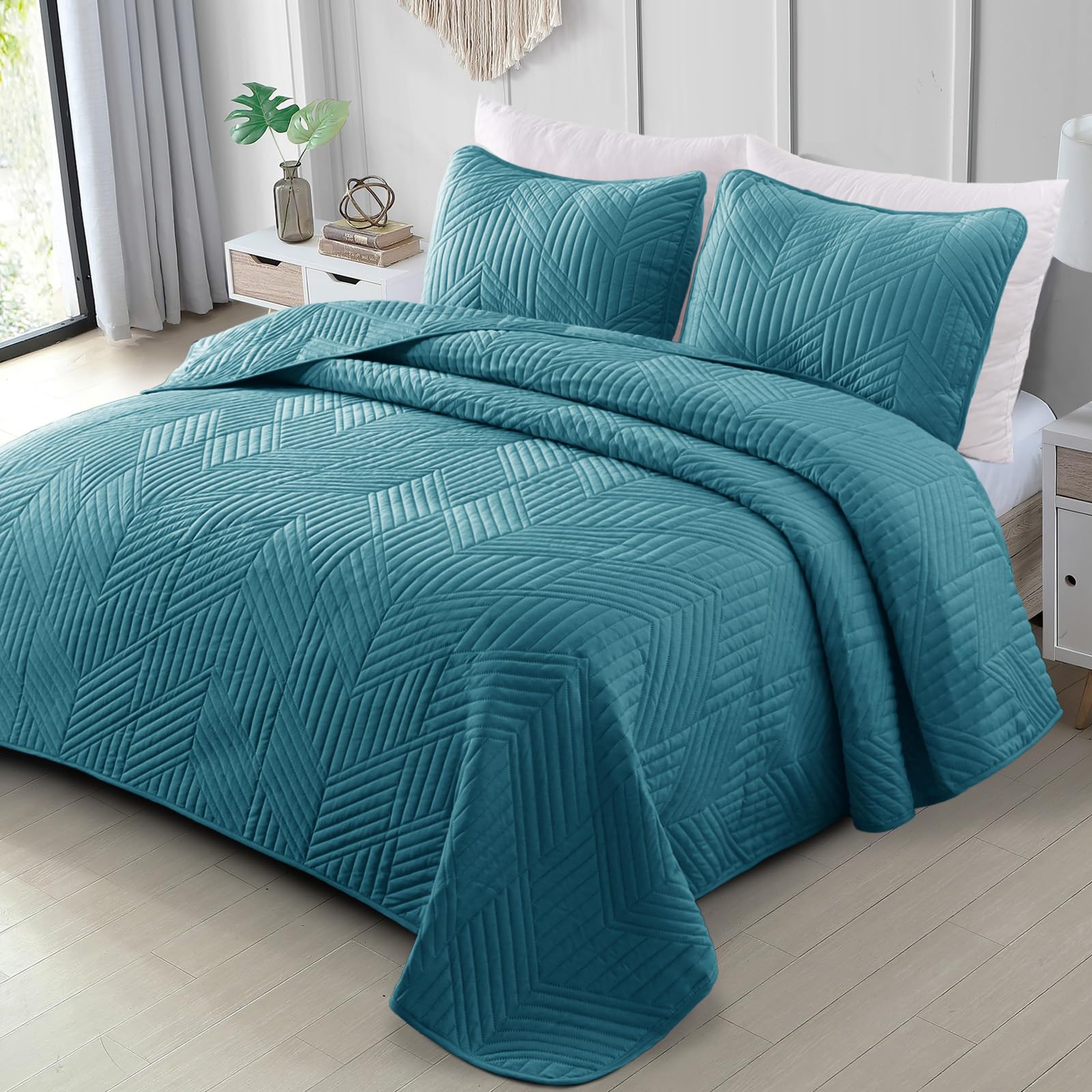 Exclusivo Mezcla Ultrasonic Full Queen Quilt Bedding Set, Lightweight Teal Bedspreads Soft Modern Geometric Coverlet Set For All